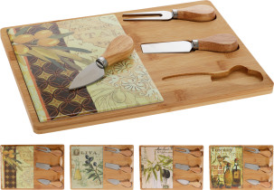 prkýnko bambus+nože na krájení sýrů